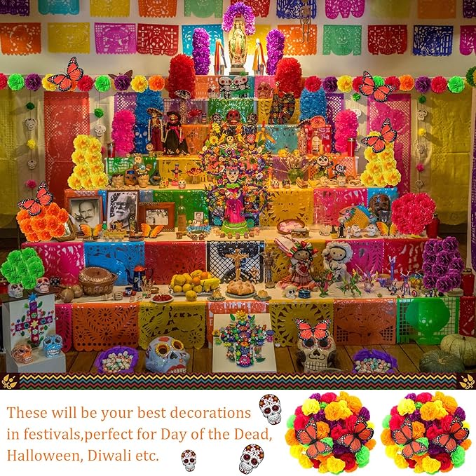 50 Pieces Marigold Flower Heads and 12 Monarch Butterfly for Dia De Los Muertos Decorations Diwali Indian Home DIY Wreath Garland Craft Halloween Day of The Dead Decorations(Multicolor)
