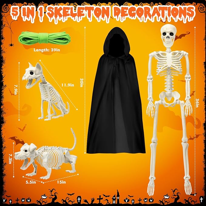 Skeleton Halloween Decorations, 3FT Halloween Posable Skeleton with Dog &#x26; Cat Skeleton - 5 in 1 Creepy Halloween Plastic Movable Joint Skeleton for Halloween Party Yard Decor (36inch)