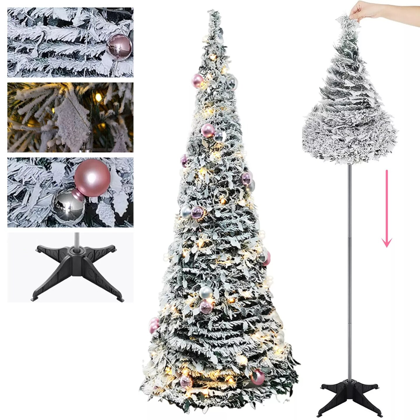 Christmas Pre-Lit Tree 6FT Artificial Foldable Snow Flocked Xmas Tree Home Decor