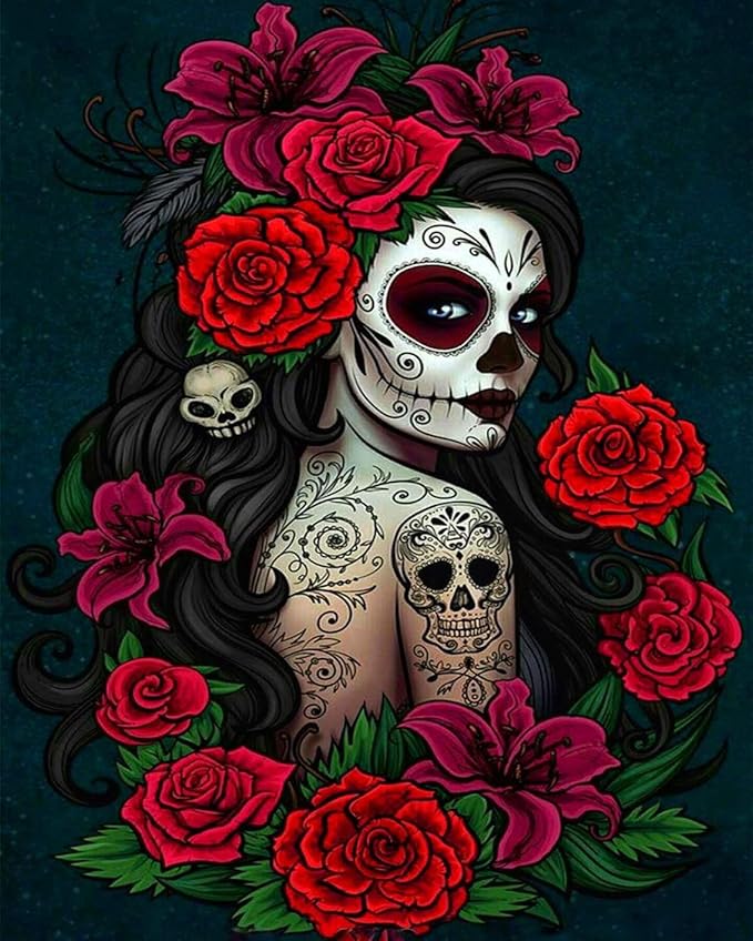 Day of the Dead Paintings Traditional Festival Mexico Art Digital Painting Paint by Numbers Kit for Adults Acrylic Oil Painting Set Painting for Beginners Skull and Flowers Drawing(16''Wx20''H)