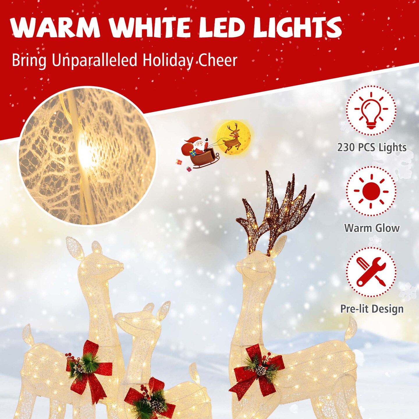 Costway 3 PCS Pre-lit Christmas Reindeer Family 3D Lighted Glitter Deer Xmas Decoration