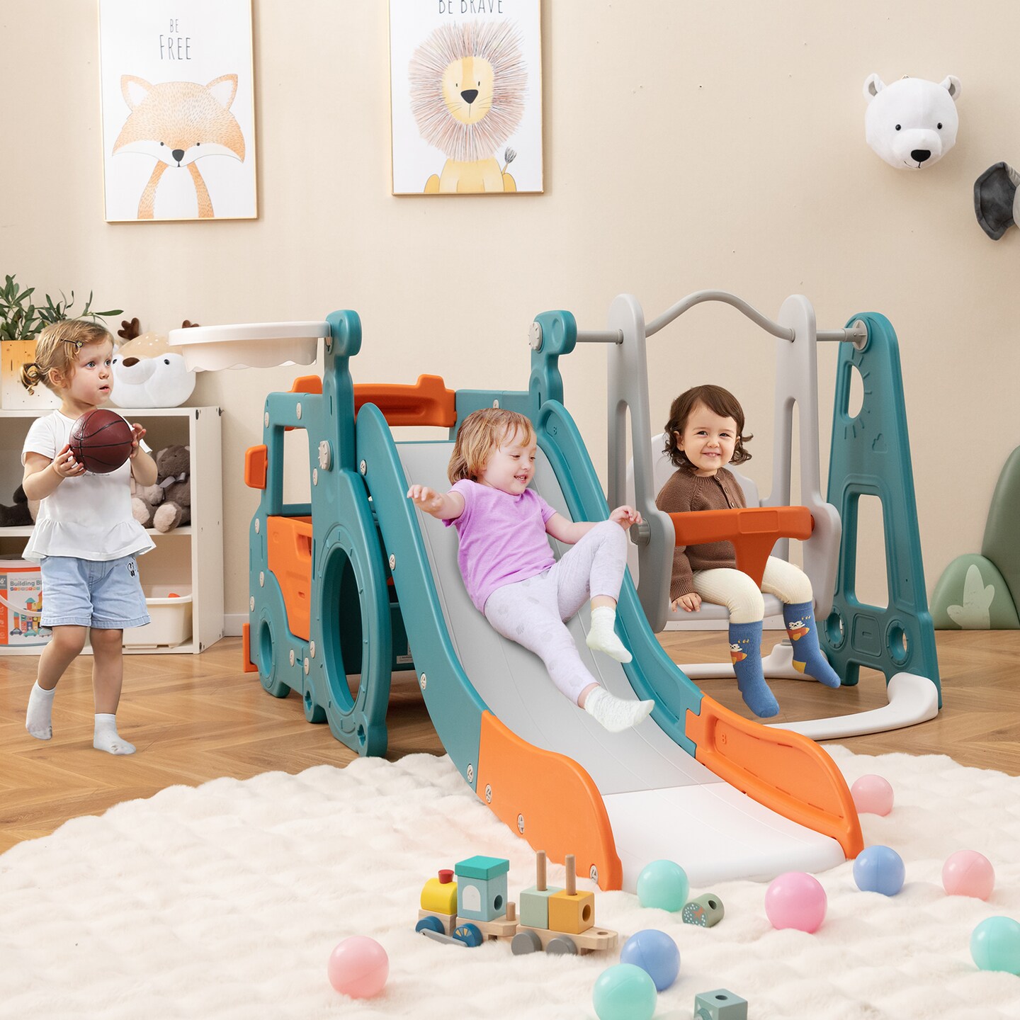 5-in-1 Kids Slide and Swing Set with Mini Bus and Basketball Hoop