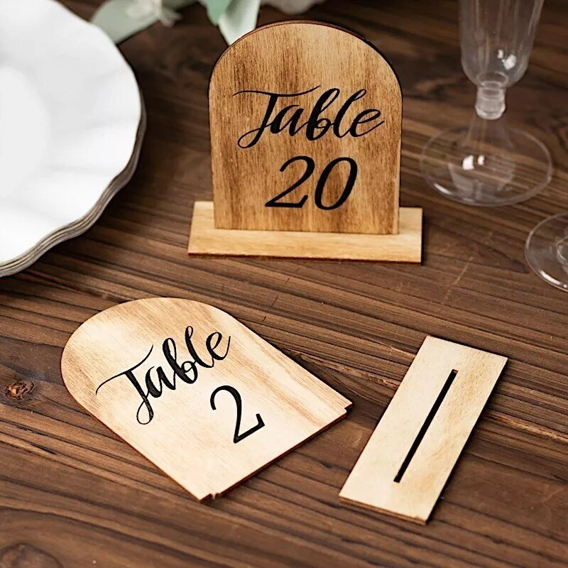 Natural 20 Rustic 4.5" Wooden Arch Table Numbers 1-20 Set Removable Base Party