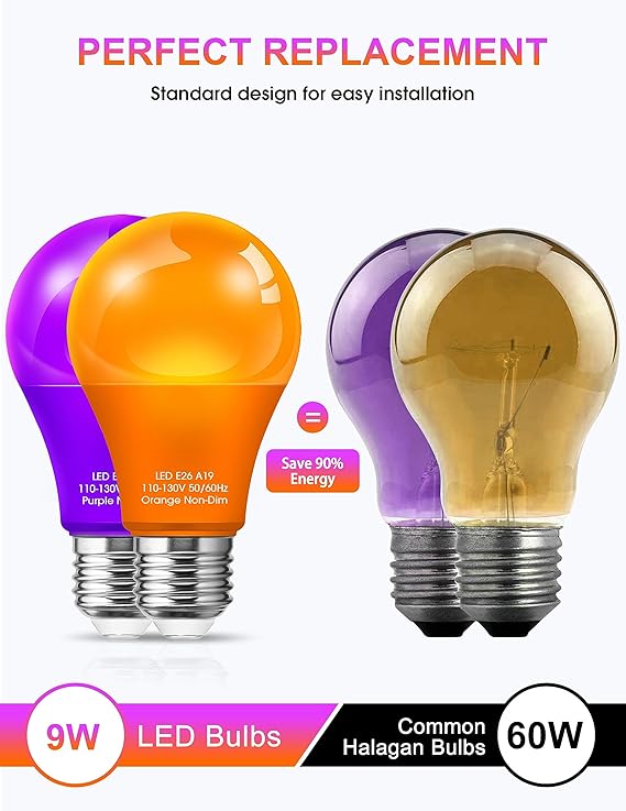 Purple Orange Light Bulbs Outdoor [ 4 Pack ] LED A19 Halloween Light Bulbs LED Orange Light 9W (60W Equivalent) - E26 Purple LED Light Bulb for Porch Light Colored Christmas Party Home Decor
