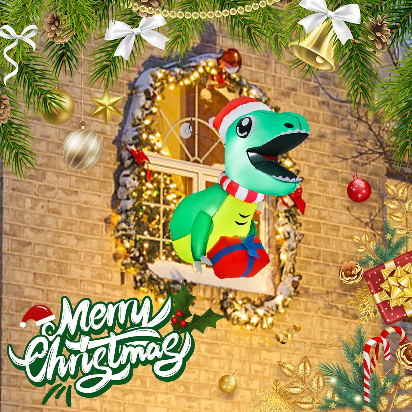 Costway 3.3&#x27; Christmas Inflatable Dinosaur Broke Out from Window Hanging Window Dinosaur