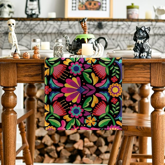 Floral Dia De Los Muertos Serape Fiesta Mexican Table Runner, Mexico Day of The Dead Kitchen Dining Table Decoration for Home Party Decor 13x108 Inch