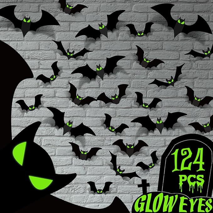 Halloween Decorations - Bats Wall Decor Halloween Decorations Indoor Halloween Party Decorations Halloween Decor 3D Bats for Home Room Bathroom Wall Outdoor 124 Pcs Glow Eyes Bats Gothic Decor