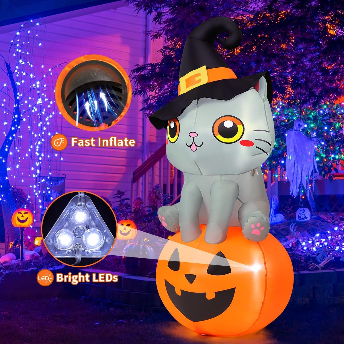 6 FT Halloween Inflatables Cat Outdoor Decorations Blow Up Yard Cute ...