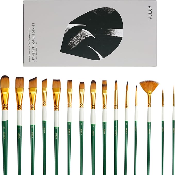 ARTIFY Paint Brushes for Acrylic Painting, 15 Pcs 2024 New Painting Supplies, Artist Paint Brush Set for Watercolor, Oil and Gouache Painting, Green