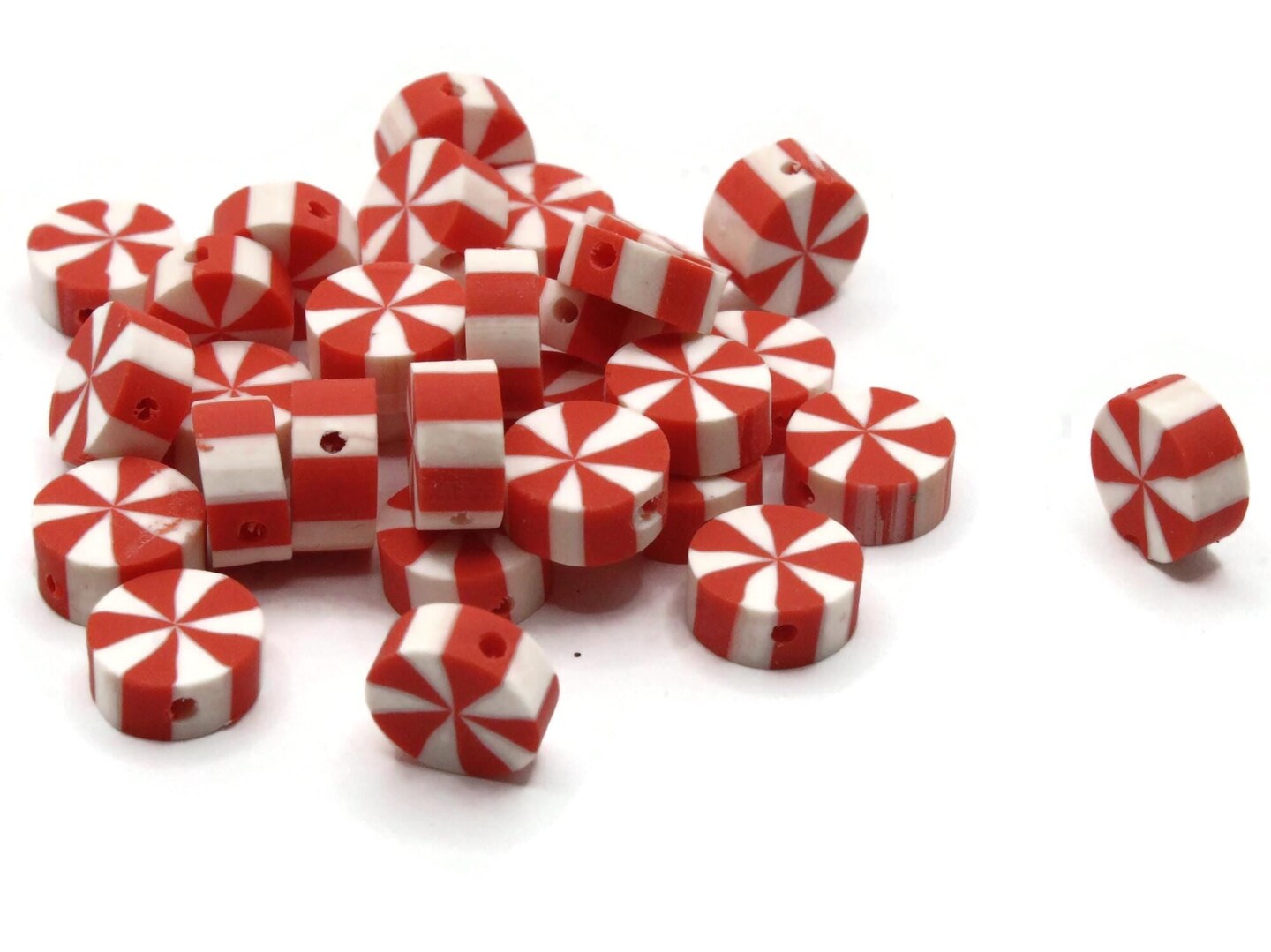 30 Peppermint Polymer Clay Red and White Small Loose Coin Beads
