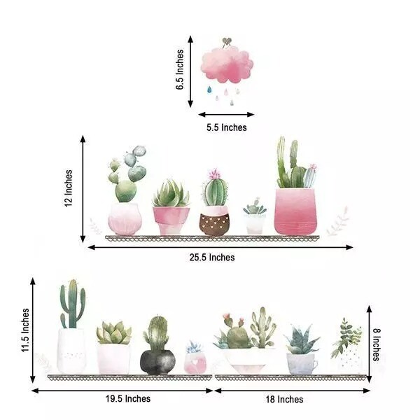 Green Wall Stickers Potted Succulent Plants on Shelves Removable PVC Bedroom
