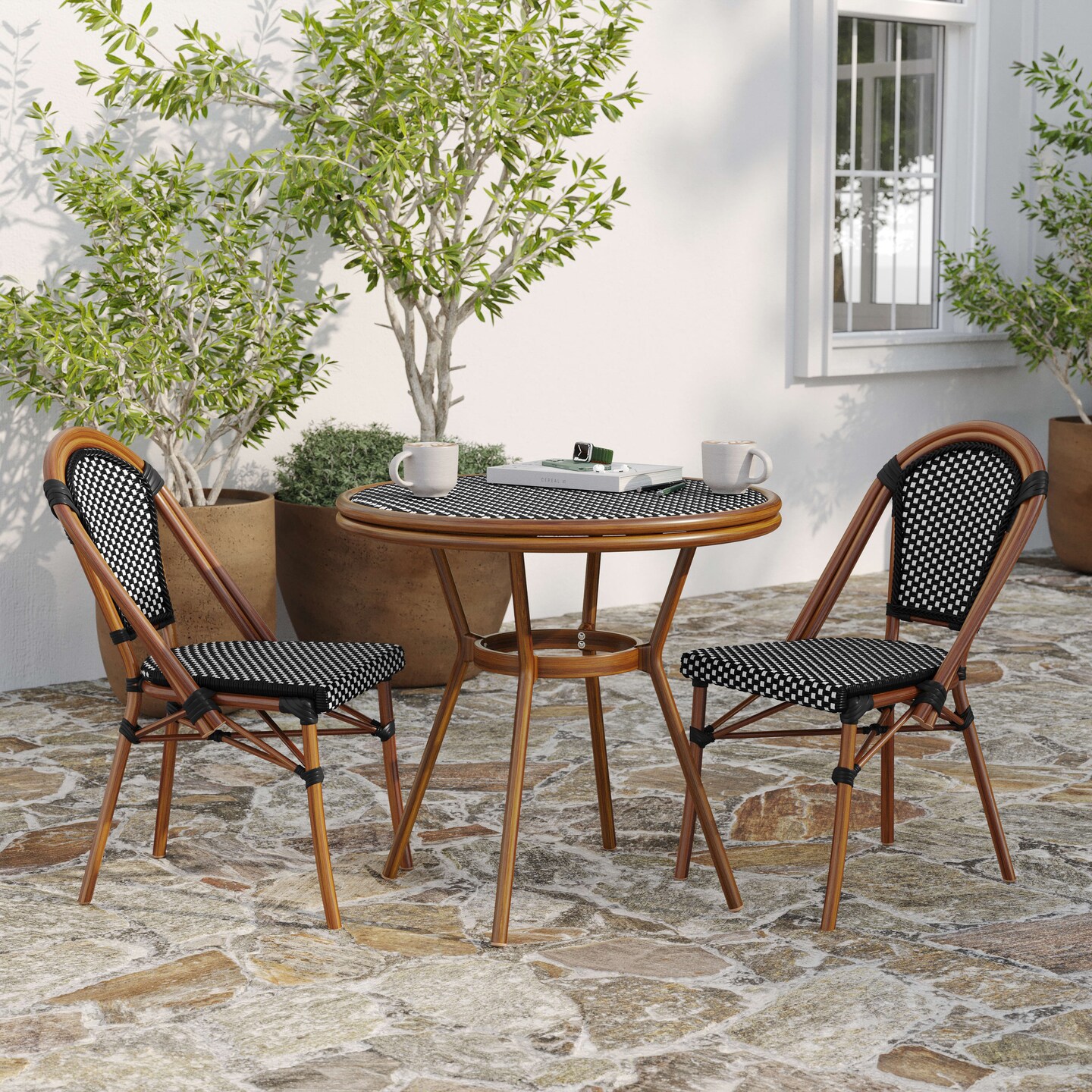 Merrick Lane Celia Bistro Style Table with Glass Top, PE Rattan, 4 Stack Chairs, and Bamboo Finished Metal Frame for Indoor/Outdoor Use