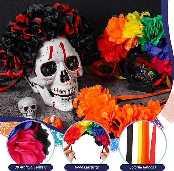 3 Pcs Halloween Flower Headband Day of the Dead Floral Headband Mexican Flower Crown Headband Halloween Festival Wedding Headband for Women Halloween Masquerade Bridal Party Dress up