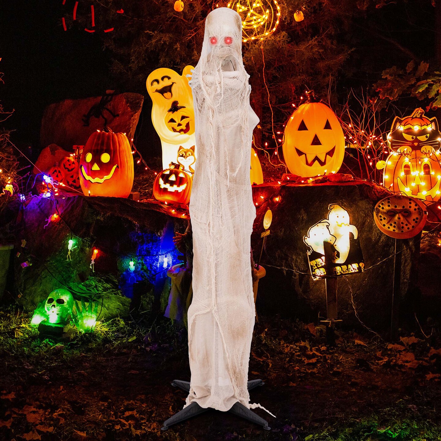 Costway 6FT Halloween Animated Standing Mummy Life Size Animatronic Mummy w/ LED Red Glowing Eyes Posable Body Sound Activation