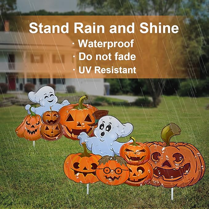 Large Halloween Decorations Outdoor Yard Signs, 2pcs Halloween Ghost Pumpkin Decor Yard Stakes Prop for Lawn Decorations Outdoor Garden Home Party Decor