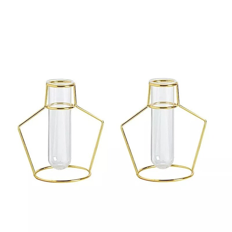 2 Gold Geometric Flower Vase Holders Clear Glass Tubes Wedding Home Centerpieces