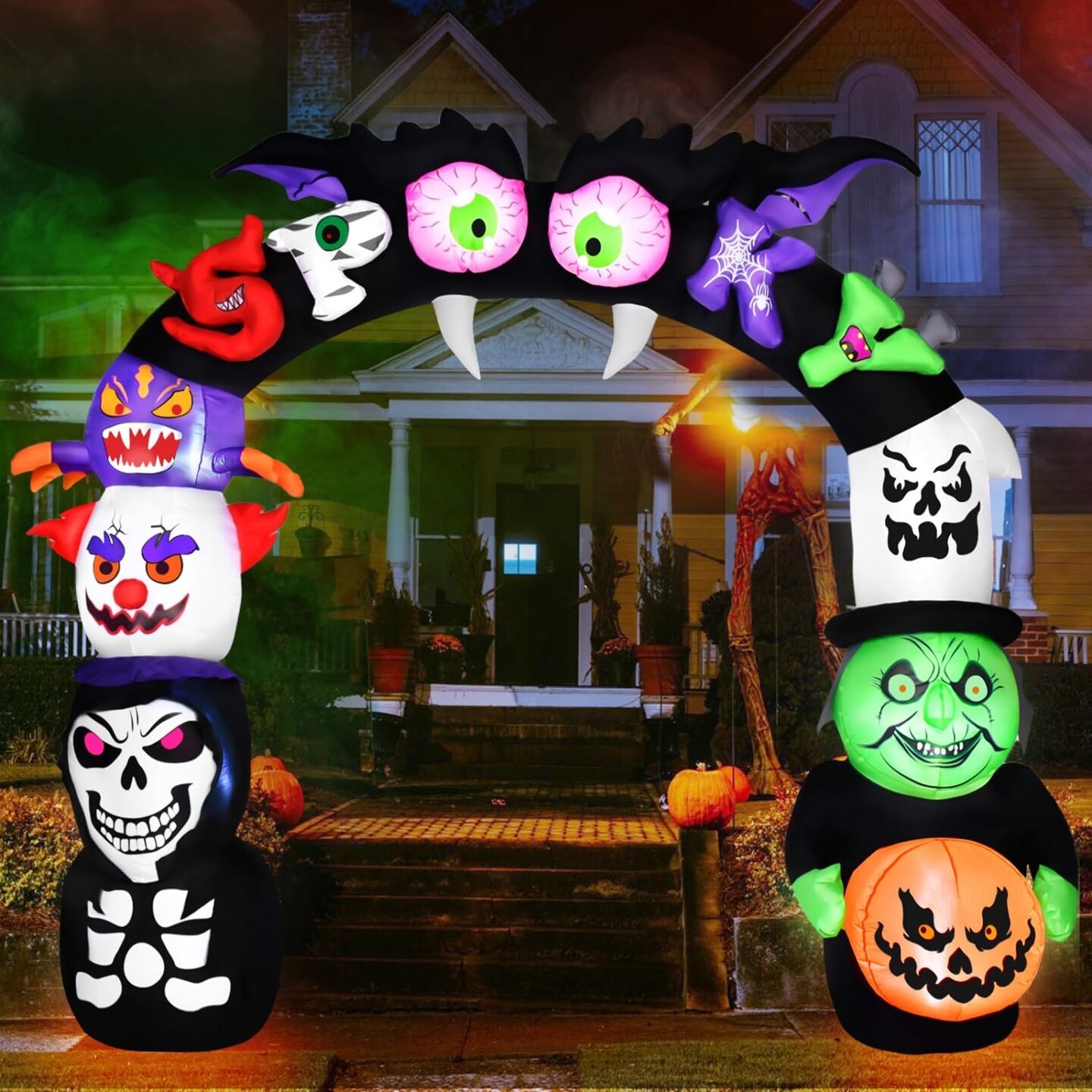 8 FT Spooky Halloween Inflatables Stack Witch Ghost Spider Reaper Monster Archway Inflatables Halloween Decorations Outdoor