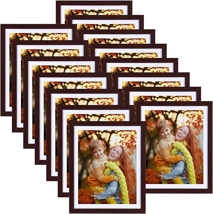 8x10 Picture Frame Set of 15, Display Pictures 8x10 with Mat or 9x11 without Mat, Multi Photo Frames for Wall Mounting or Tabletop Display, Dark Red