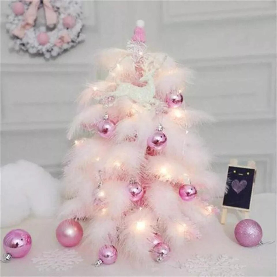 Mini Tabletop Christmas Tree with Feather Leaf LED String Lights Home Decor