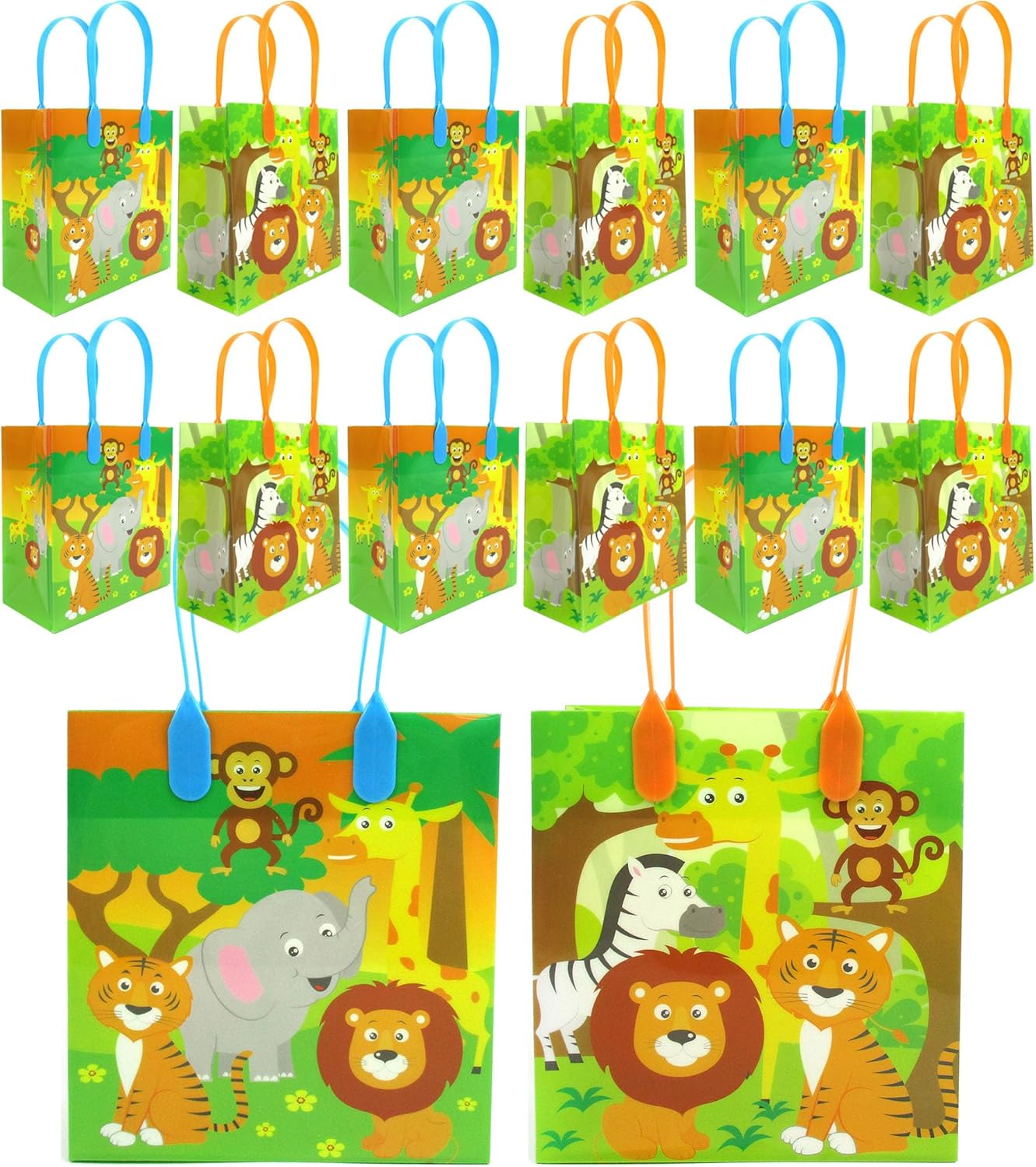 TINYMILLS Safari Jungle Animals Themed Party Favor Bags Treat Bags with Handles, Safari Animals Jungle Book Candy Bags for Birthday Party Goodie Bags, Pack of 12