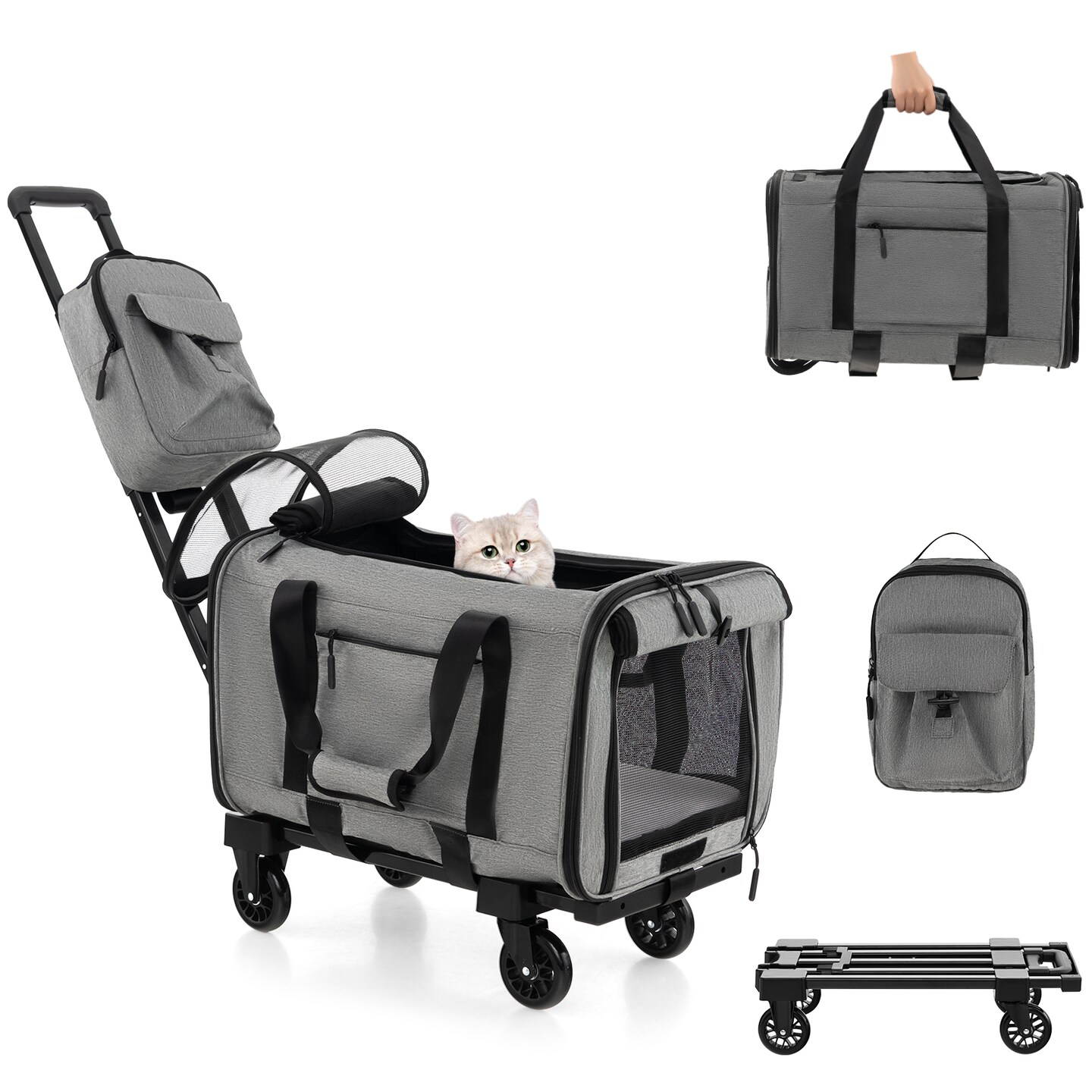 Rolling Cat Carrier with Dual-use Pads and Litter Bag-Grey