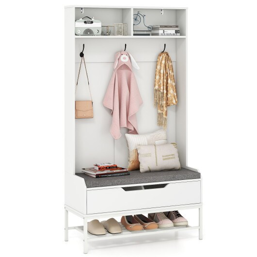 4-in-1 Coat Rack with Seat Cushion and Shoe Storage