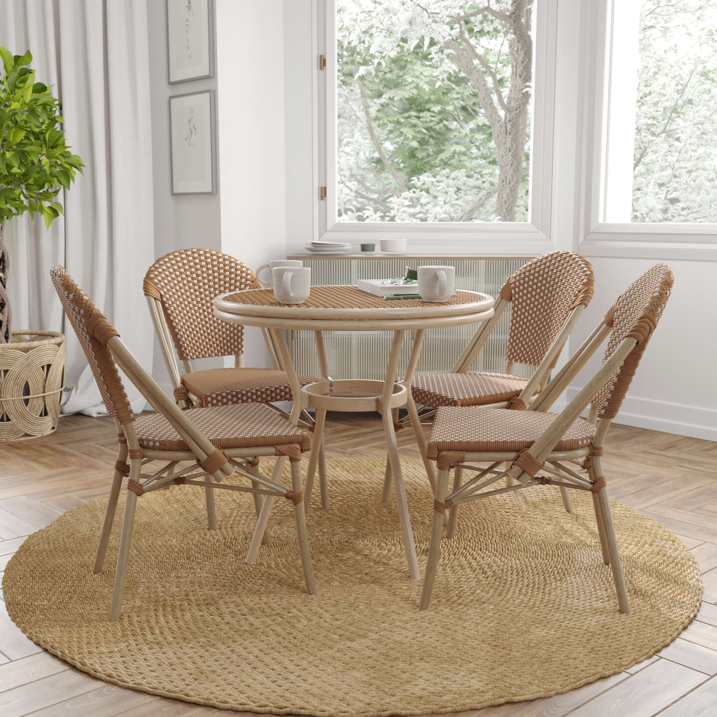 Merrick Lane Mael Bistro Style Table with Glass Top, Textilene, 4 Stack Chairs, and Bamboo Finished Metal Frame for Indoor/Outdoor Use