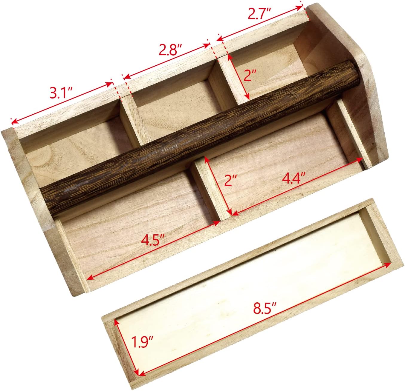 Small Natural Wood Color Wooden Craft Tool Box Caddy with a Handle for Storage Tool, Makeup, Collections with 5 Compartments for Storage and Organizing, 10 W x 5.1 D x 3.5 H in