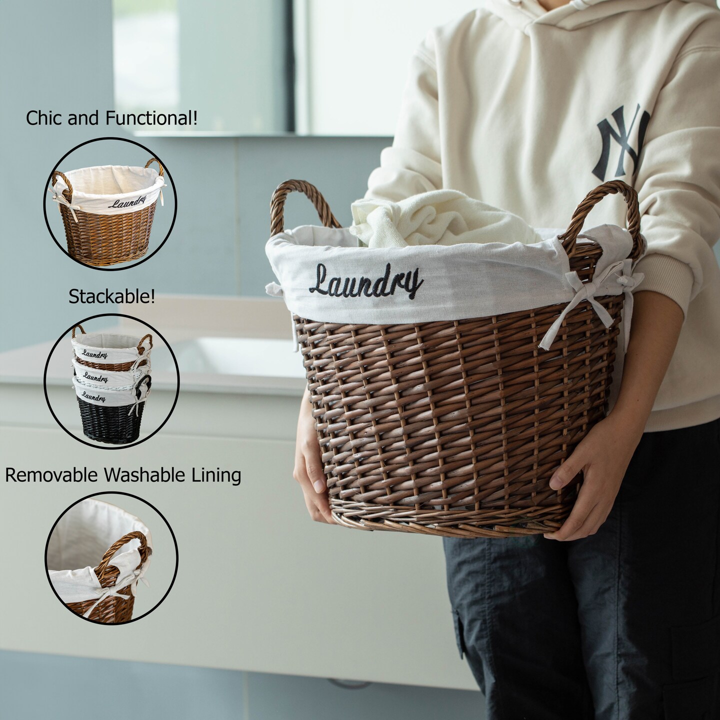 Wickerwise Handwoven Laundry Basket with Liner &#x26; Handles - Boho Decorative Storage Hamper for Clothes Blankets Pillows and Towels - Ideal for Laundry Room Bathroom Bedroom and Living Room