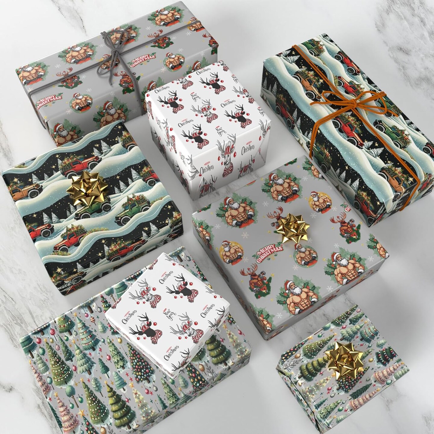 Funny Christmas Wrapping Paper for Kids Adults - Muscular Santa and Reindeer, Red/Green Rustic Trucks, Xmas Trees Designs - Holiday Gift Wrap with 6 Jumbo Sheets, 40 x 28 Inches Each