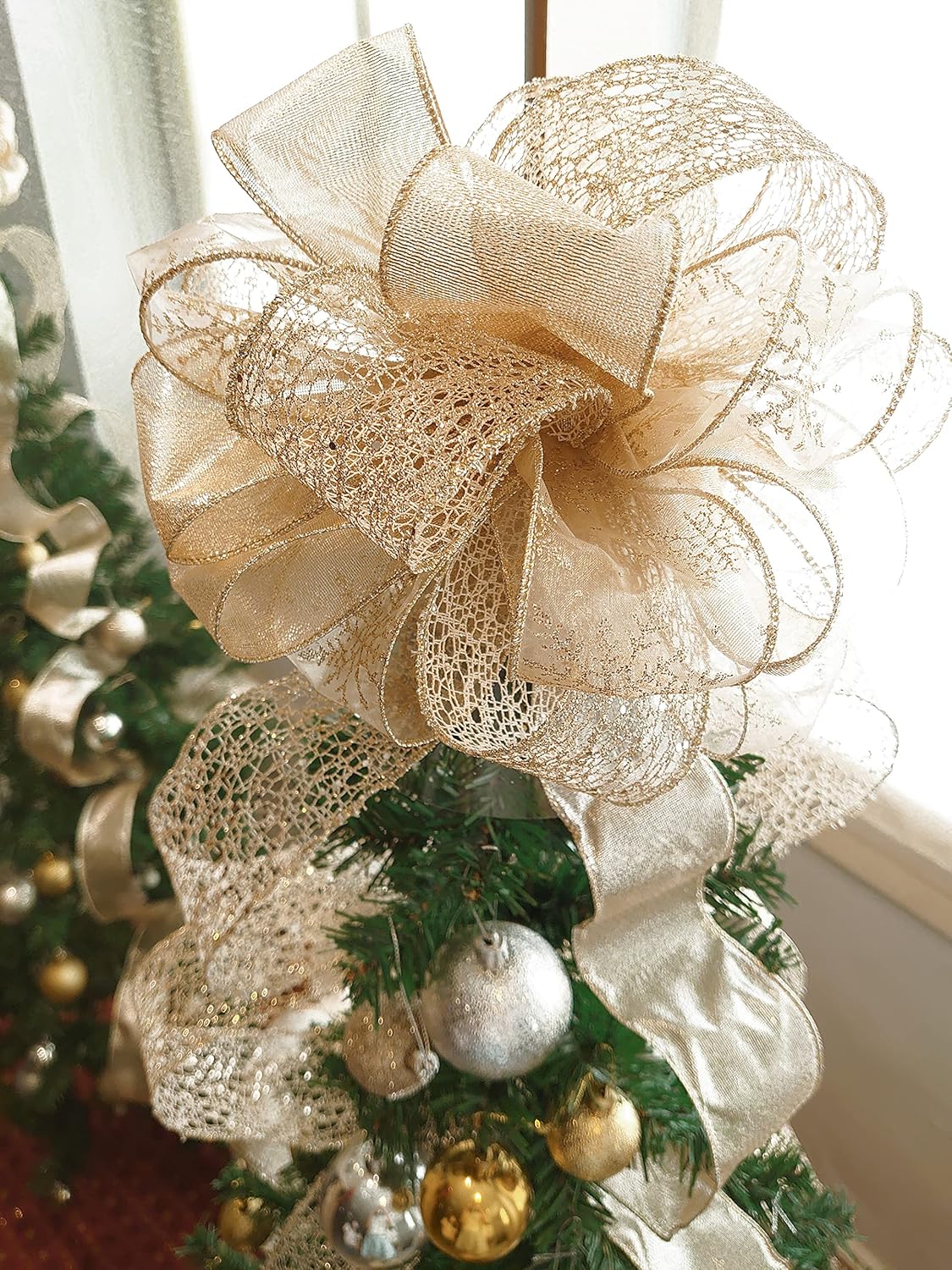 Christmas Tree Topper Bow - Bow: 11&#x22; sq. - Tails: 3 Yards Long Each - Champagne Snowflake