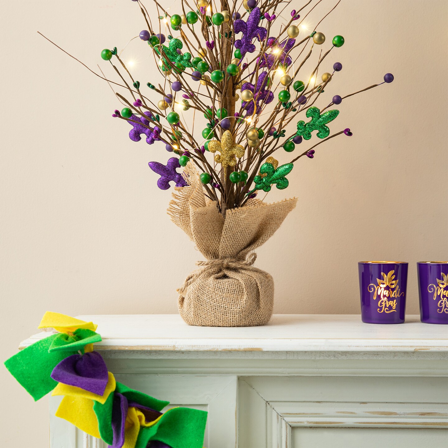 21&#x22;H Lighted Mardi Gras Fleur-de-Lis &#x26; Berry Table Tree