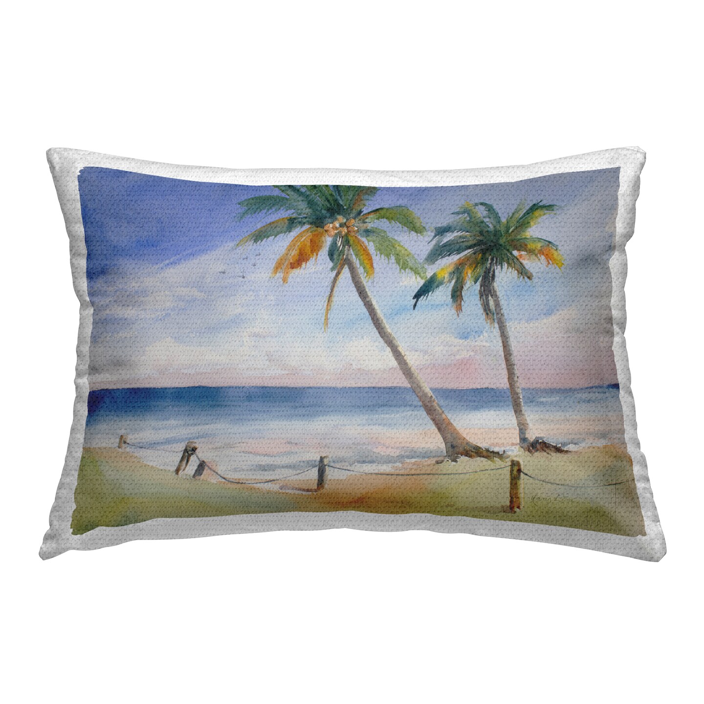 Two Palms Tropics View Outdoor Printed Pillow Design by Karin Lind, 14 x 7 x 20