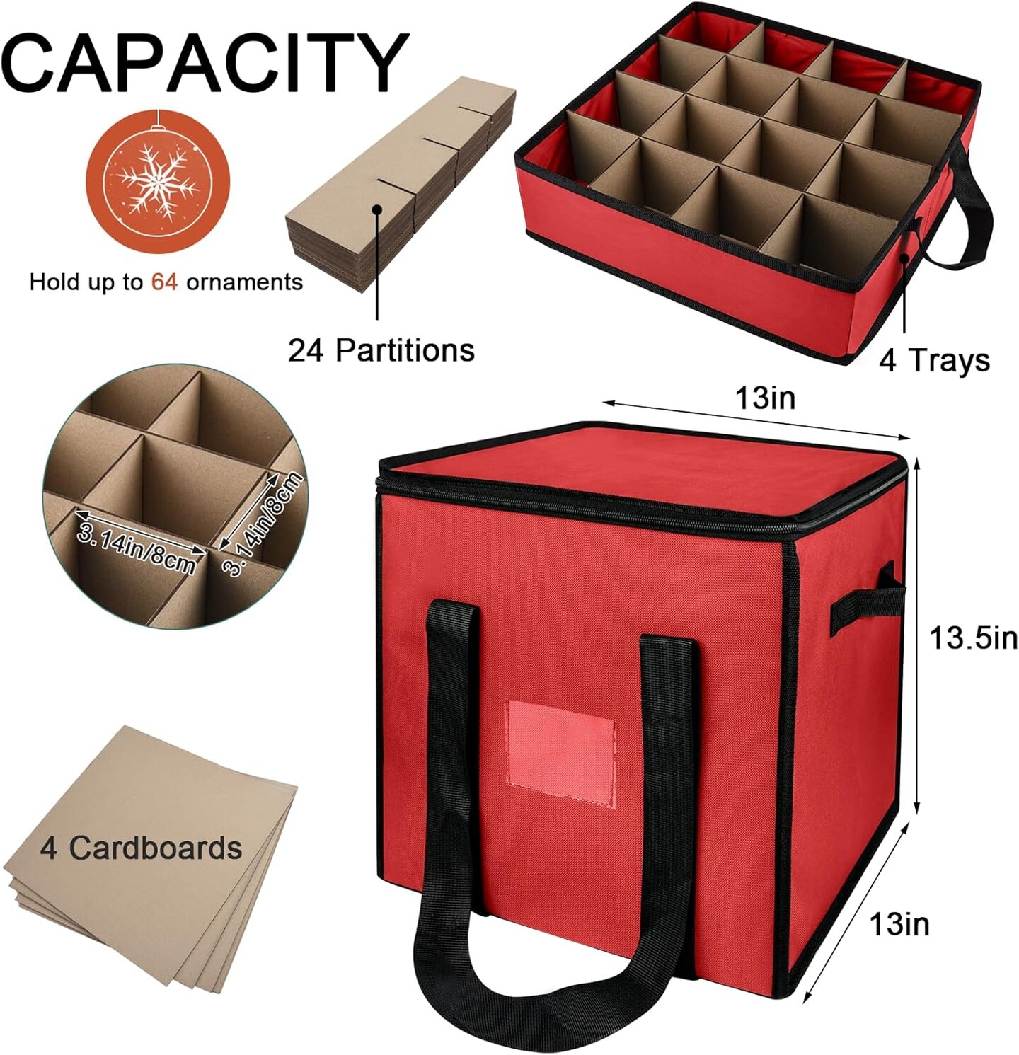 Christmas Ornament Storage Box with Dividers, Christmas Balls Storage Containers with Zipper &#x26; 4 Removable Trays - Holds Up to 64 Balls - 600D Oxford Christmas Decoration Storage Organizer, Red