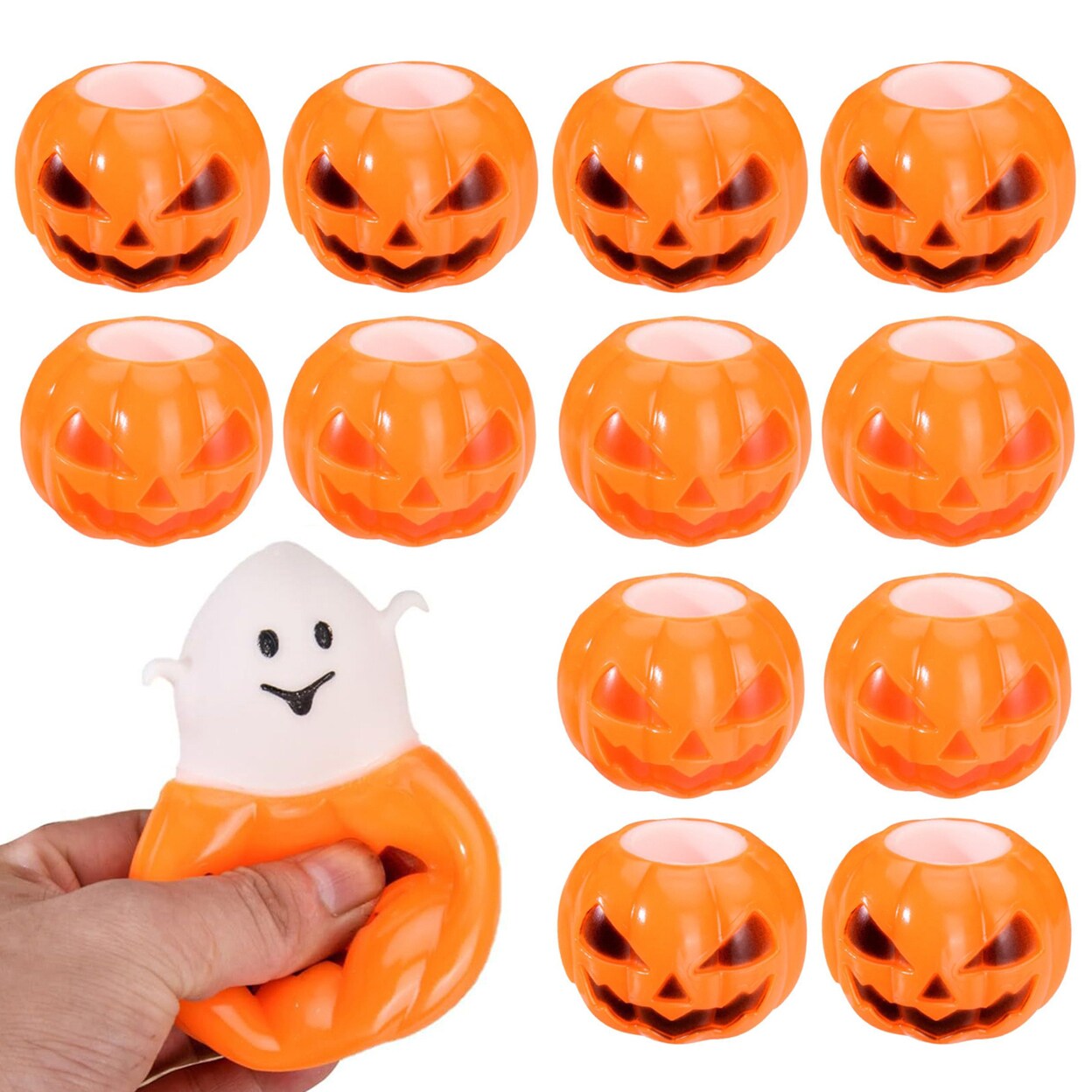 12Pcs Halloween Pumpkin Squeeze Toy Slow Rebound Tpr Stress Relief Kids Teens Adults Ghost Orange Pumpkin Head Squishes