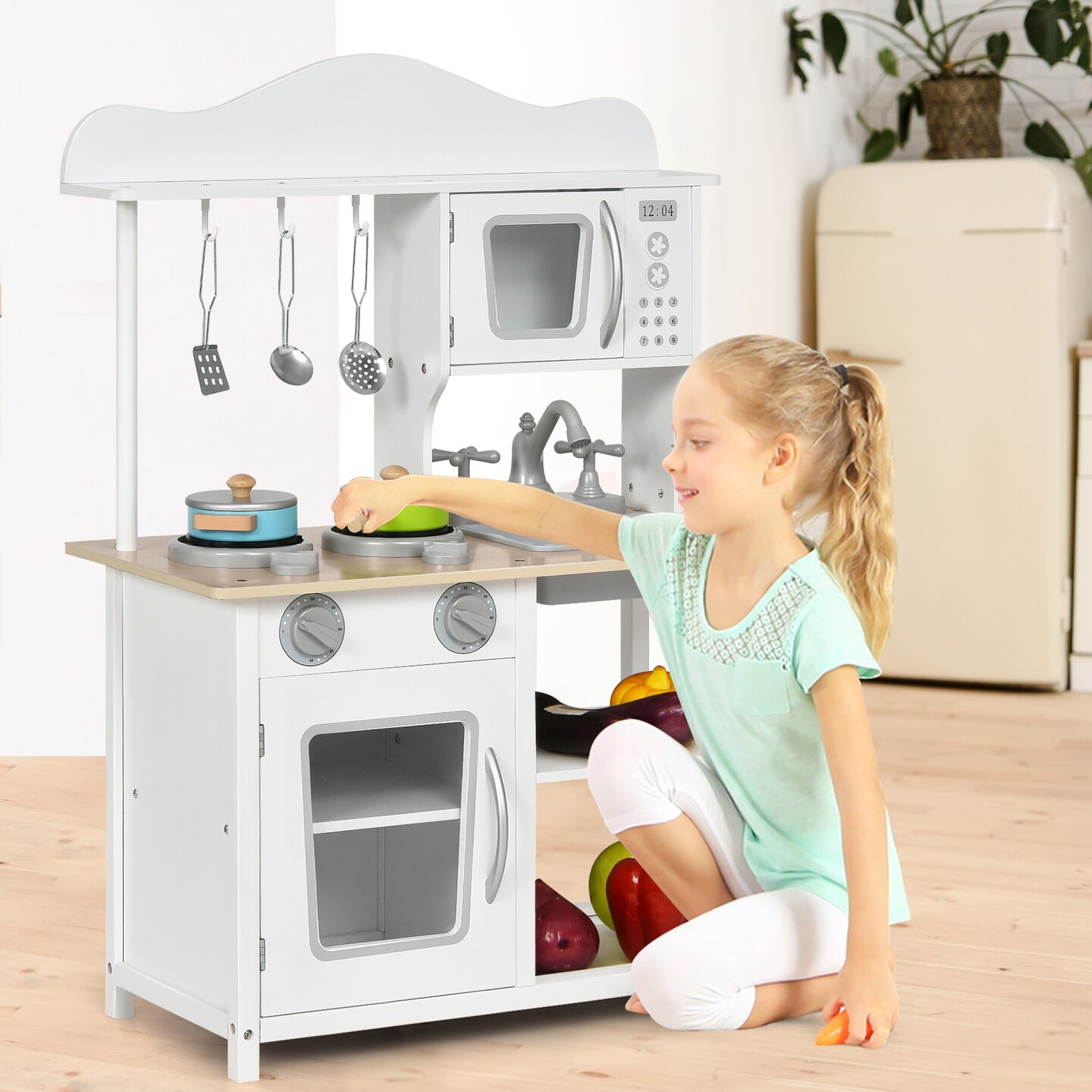 Wooden Pretend Play Kitchen Set for Kids with Accessories and Sink