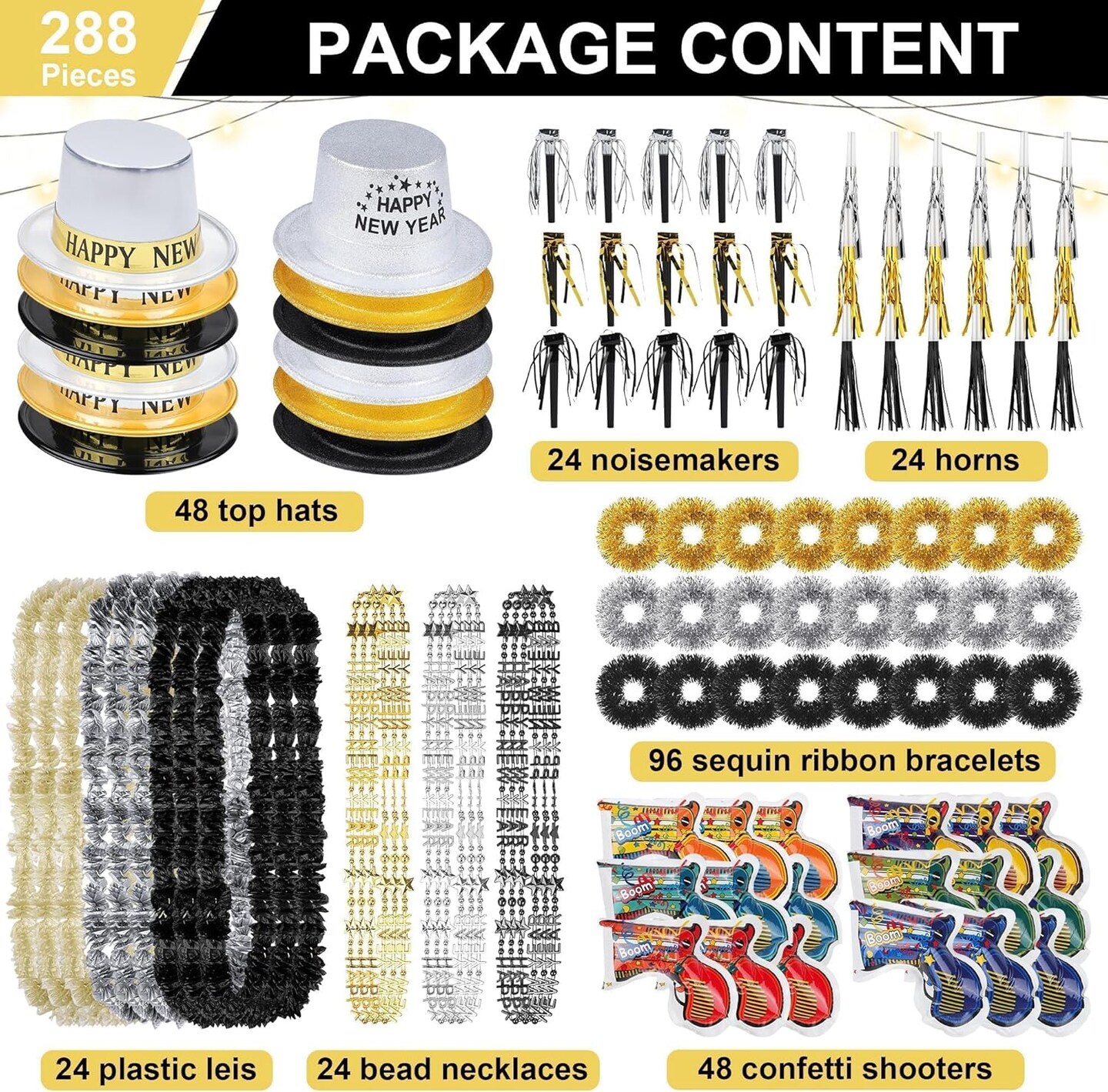 288 Pieces 2025 New Years Eve Party Supplies Includes Top Hats Noisemakers Horns Confetti Shooters Sequin Ribbon Bracelet Bead Necklaces Plastic Leis for New Year Party Favors