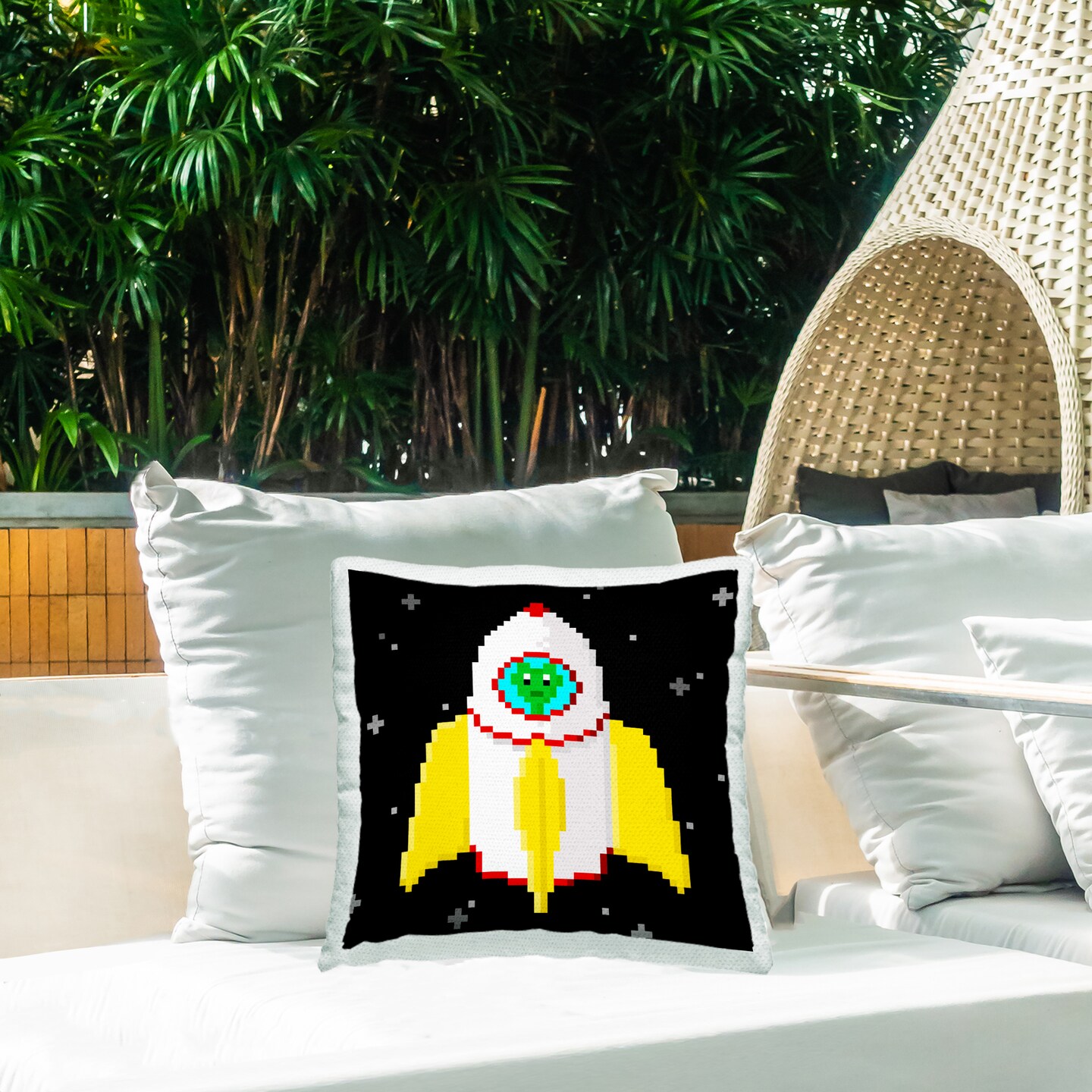 Pixel Alien in Space Outdoor Printed Pillow Design by June Erica Vess, 18 x 7 x 18