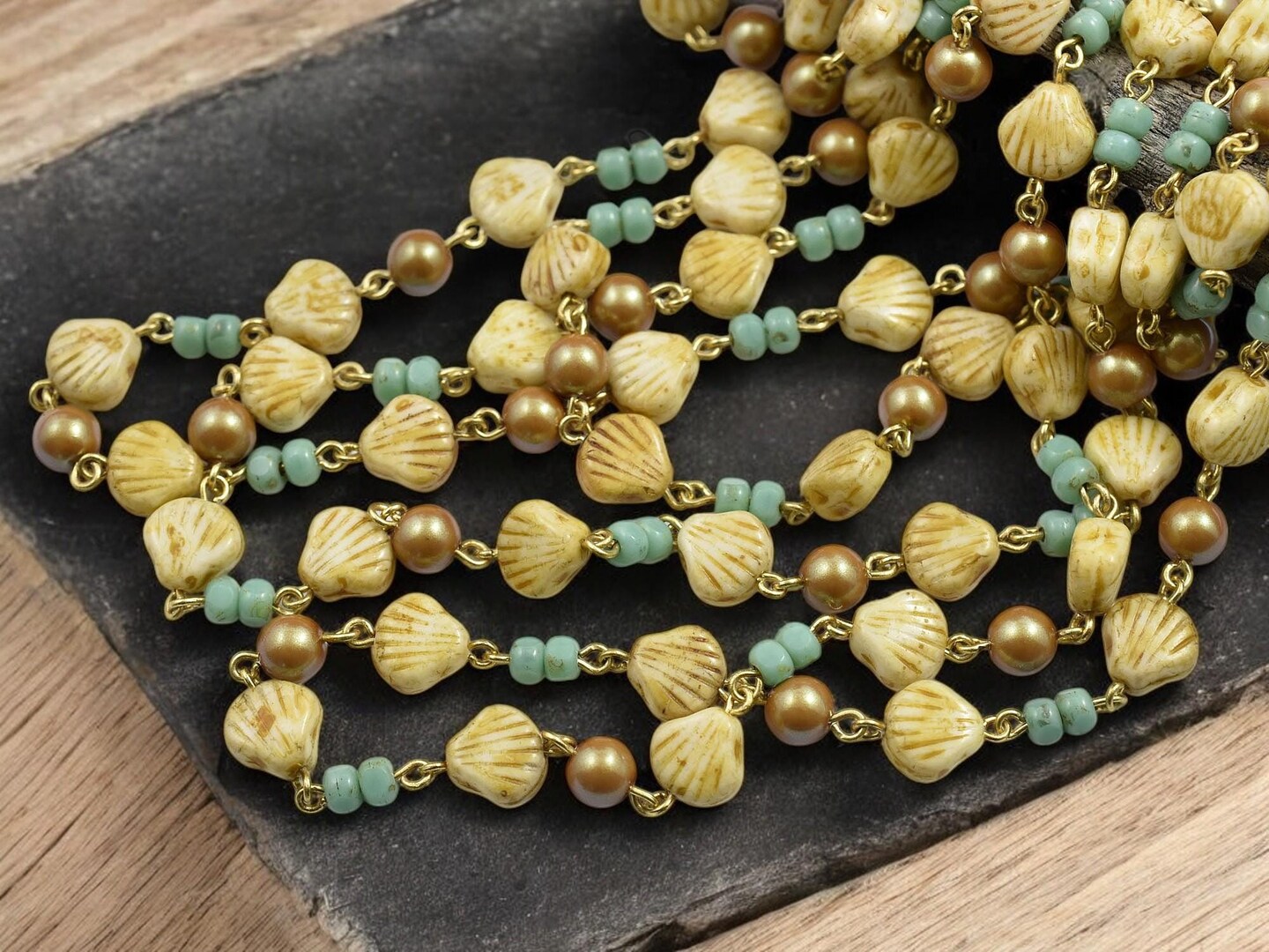 Alabaster Travertine Sea Shell Beaded Chain - Sold by the foot