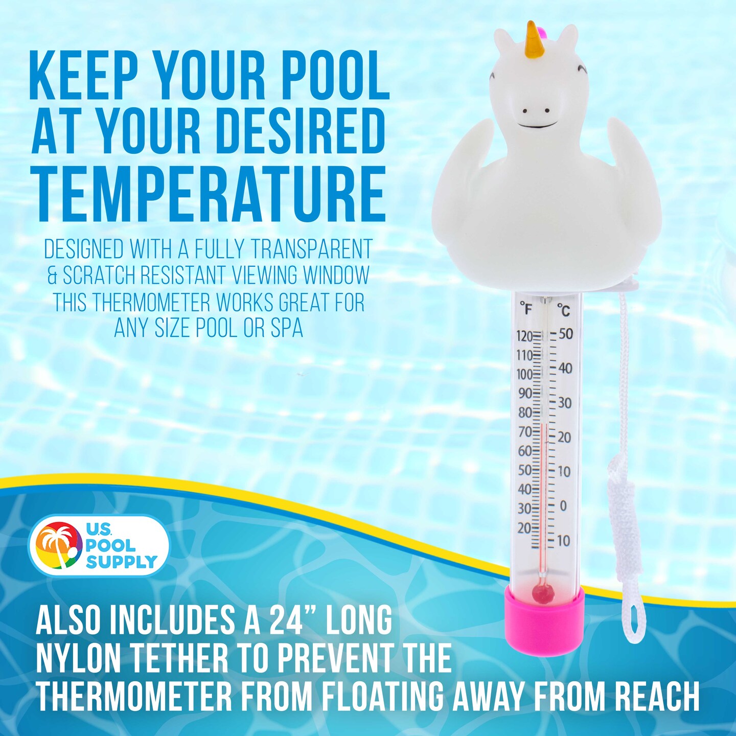 U.S. Pool Supply Floating Unicorn Thermometer - Easy to Read Temperature Display, Measures up to 120&#xB0;F &#x26; 50&#xB0;C, Swimming Pools, Spas, Kids Pools, Cute