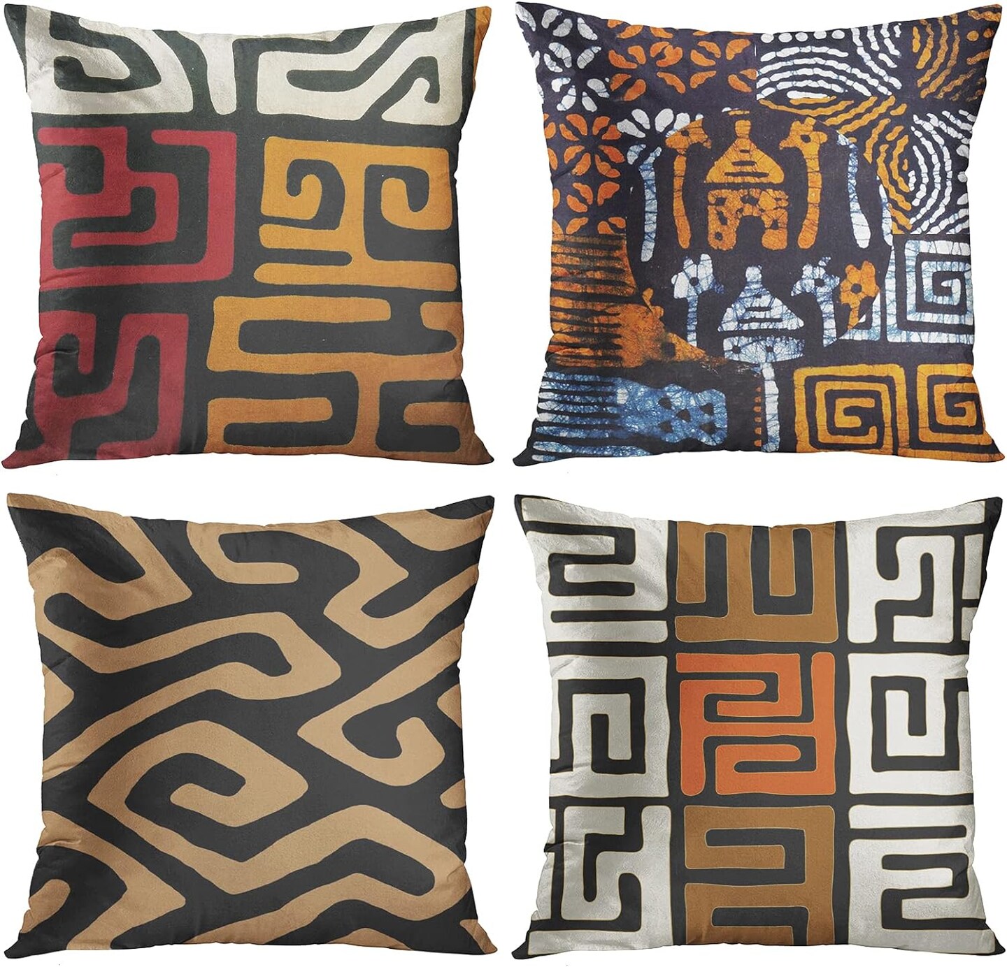 Set of 4 Throw Pillow Covers Orange Tribal Kuba Inspired Earth Colors Geometric Ethnic Black Brown Mud African Decorative Pillow Cases Home Decor Square 18x18 Inches Pillowcases