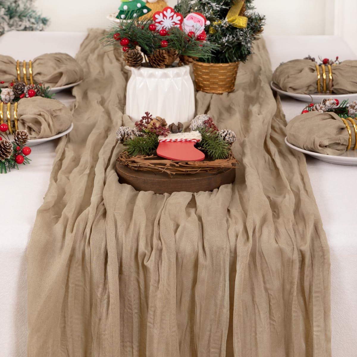 Christmas Table Runner Nude Coffee Cheesecloth Table Runner Boho Gauze Table Runner 120 inches Long Winter Table Decor for Wedding Baby Shower Xmas Party Decorations