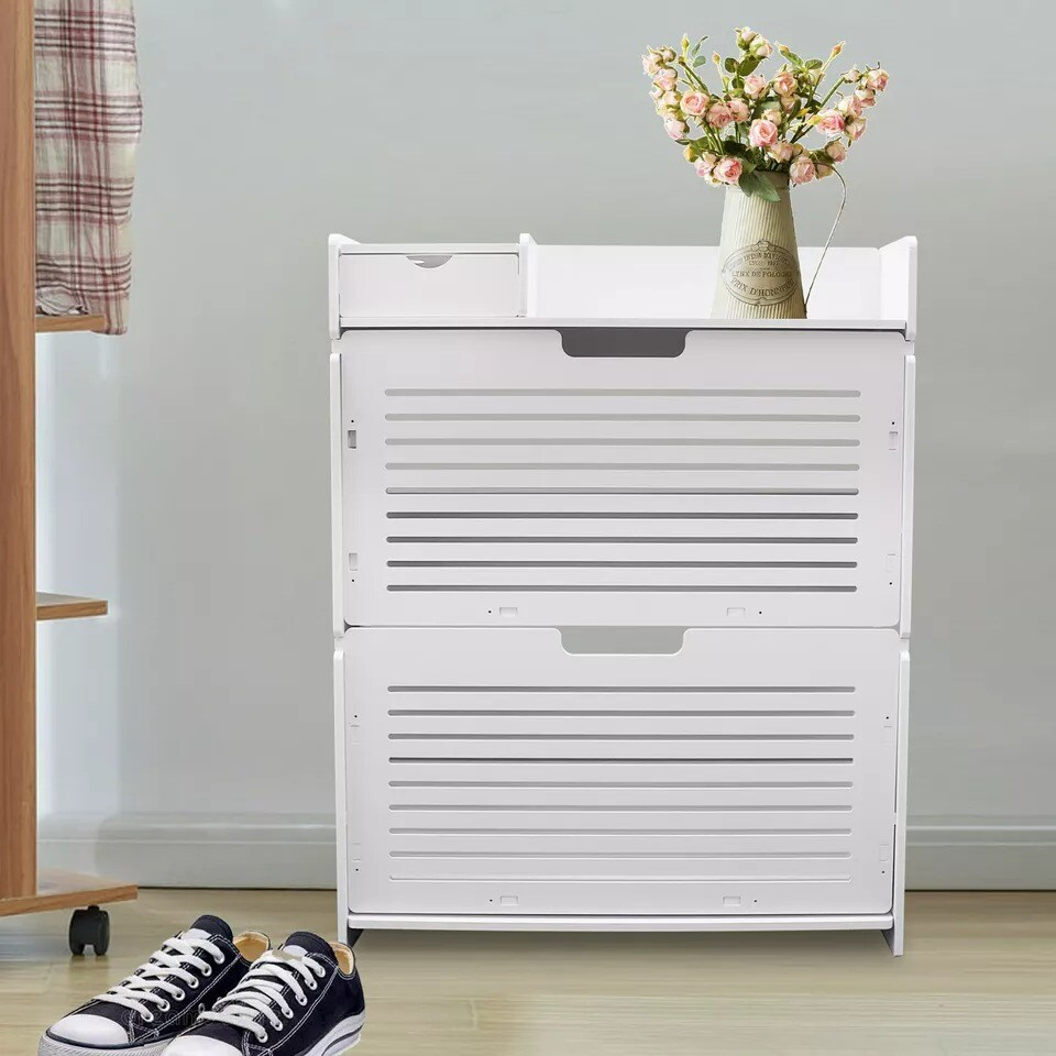 2-Layer Flip Drawer Shoe Storage Cabinet Organizer PVC Narrow Shoe Rack Stand