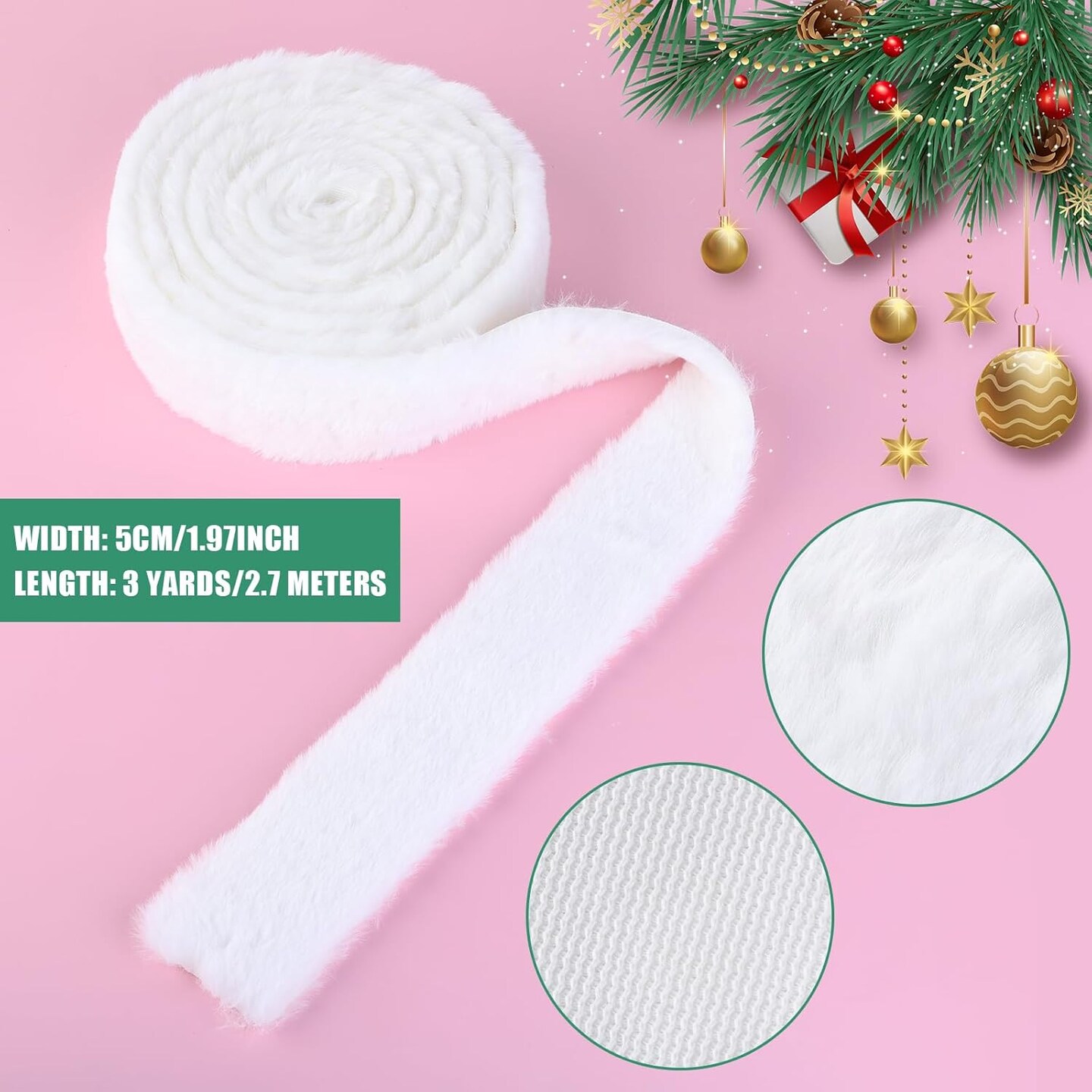 Christmas Fur Trim White Faux Fur Ribbon Trim White Fur Fabric Roll for Garland Wreath Bows Santa Costume Sewing Christmas Tree Decor(1.97inch x 3 Yards)