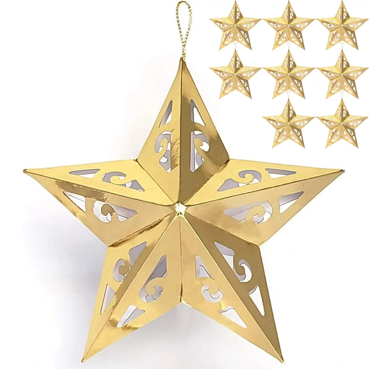 Gold Star Christmas Tree Ornaments Set COLLAPSIBLE (8 ct.) 5 Inches Tall