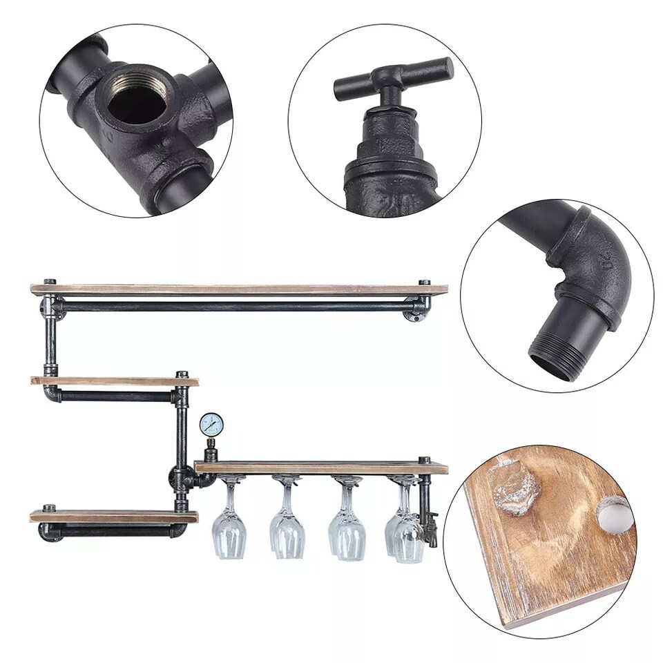 Industrial Wine Racks with 4 Stem Glass Holder Wall Mounted Rustic Metal Shelf