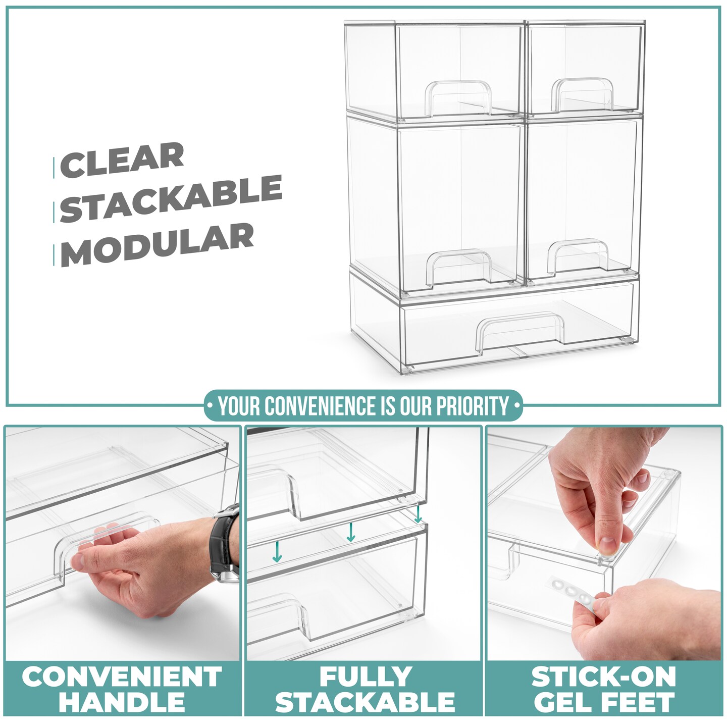Sorbus Acrylic Storage Containers with  Pull-Out Drawers - 5 Pack, 3 Variety Sizes Clear Stackable Storage Bins Set
