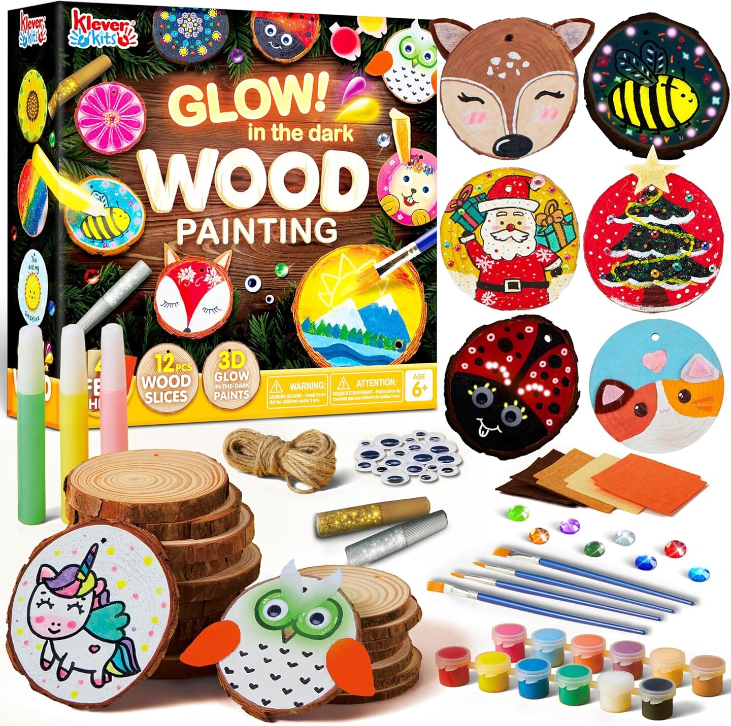 Wooden Painting Craft Kit-Glow in The Dark- Arts and Crafts for Kids Ages 6-12 Wood Slices with Art Activitiy Supplies, Wood Crafts for Boys Girls Party Gift Christmas Tree Ornaments