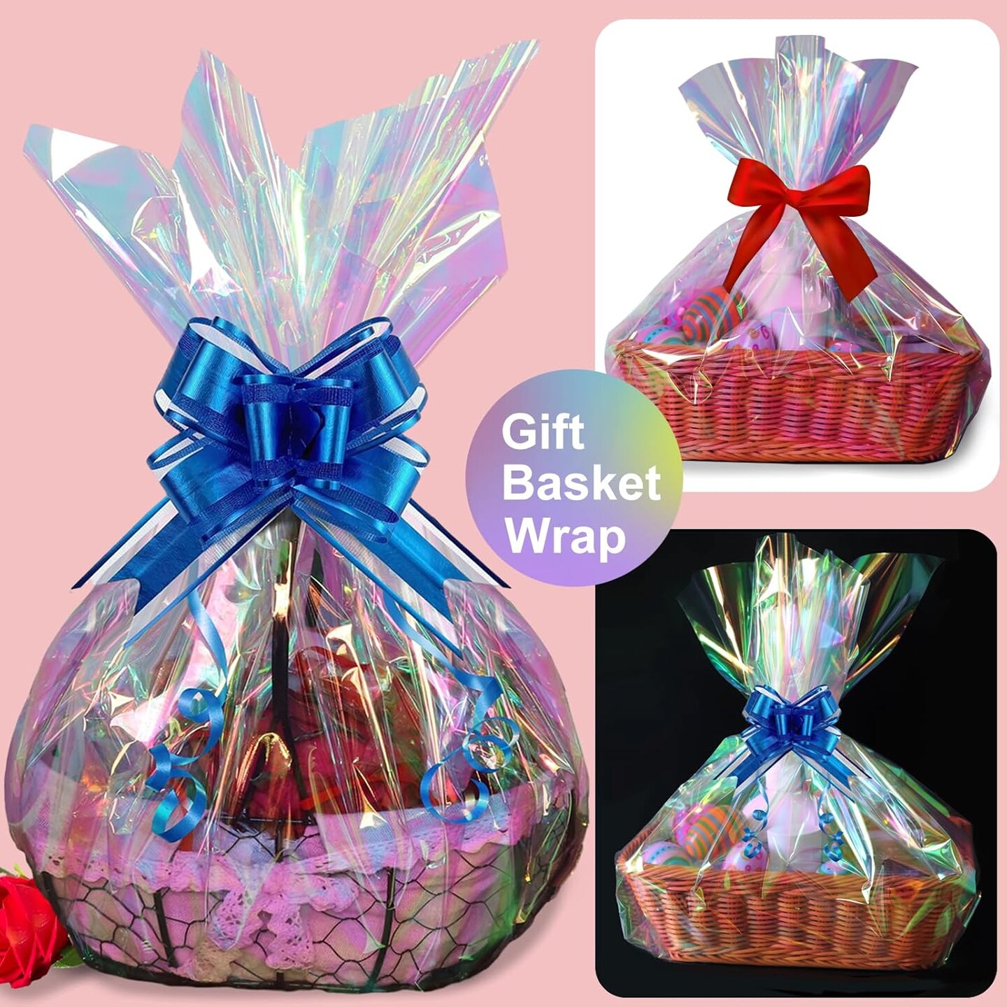 34 in x 66 Ft Iridescent Cellophane Wrap Roll - Extra Wide Cellophane Paper Roll - Iridescent Transparent Cellophane Roll Plastic Wrap for Gift Baskets, Treats, Crafts, Party & Christmas Gift Wrapping