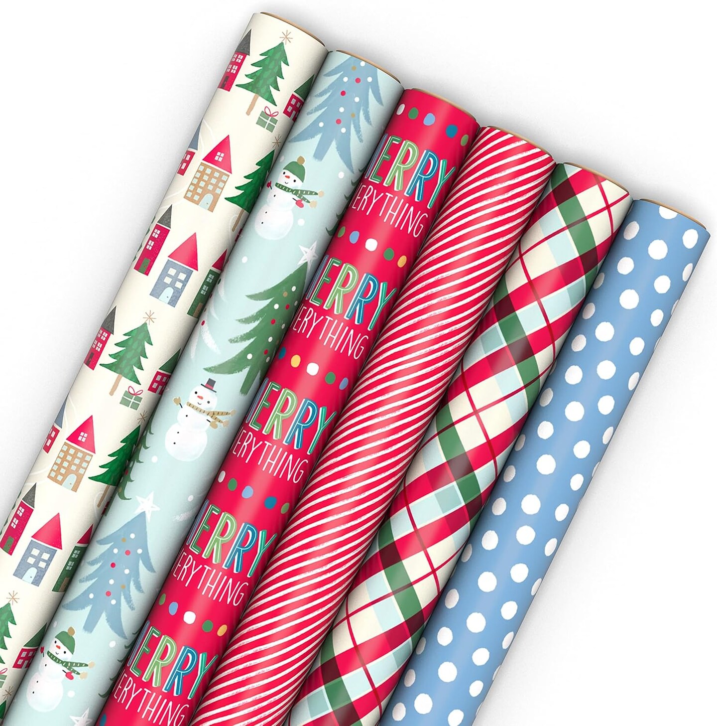 Cute Recyclable Christmas Wrapping Paper (6 Rolls: 180 Sq. Ft. Total) Red, Blue, Green Plaid, Merry Everything, Colorful Houses, Snowmen and Trees, Dots, Stripes
